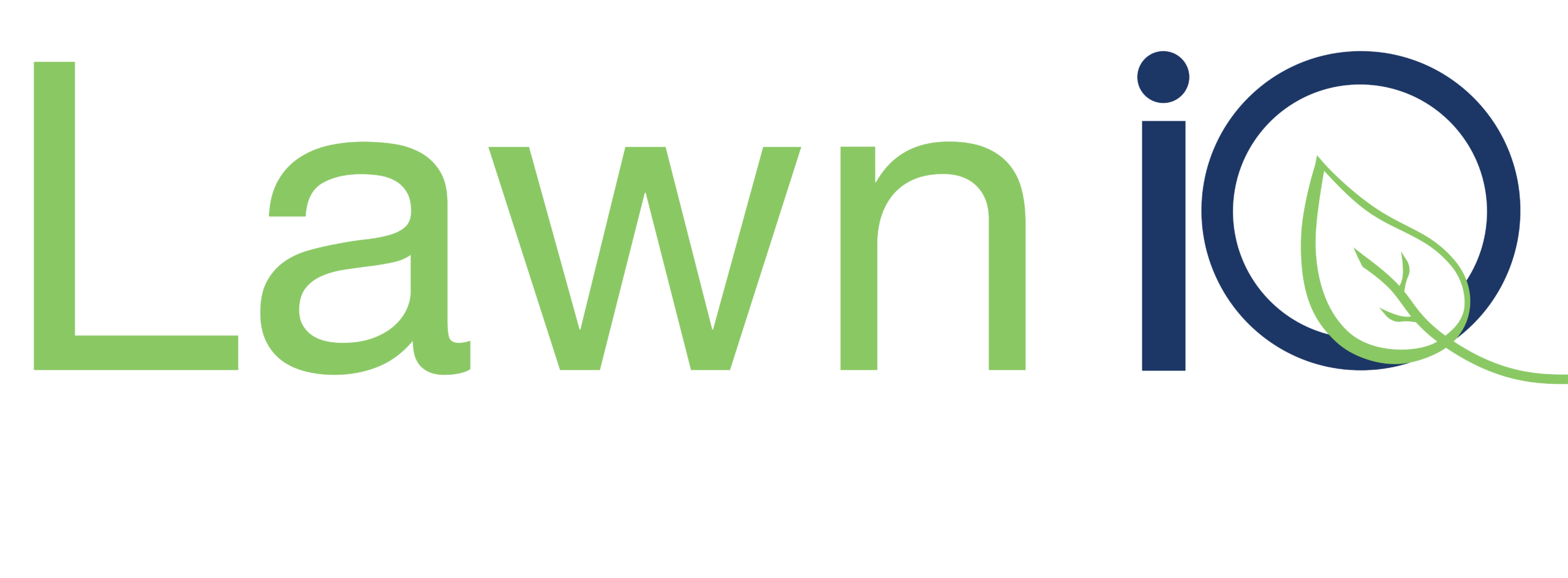 Text logo reading "Lawn iQ." "Lawn" is in light green, while "iQ" is in dark blue with a green leaf outline inside the "Q." The background is white.